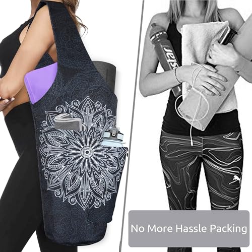 Yoga Mat Bag - Large Opening Long Tote Yoga Mat Carrier Holder Bag with Waterproof Wet Zipper Pocket and Drawstring Water Bottle Pocket - Yoga Bag Fit Most Size Mats - color: Mandala