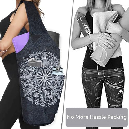 Yoga Mat Bag - Large Opening Long Tote Yoga Mat Carrier Holder Bag with Waterproof Wet Zipper Pocket and Drawstring Water Bottle Pocket - Yoga Bag Fit Most Size Mats - color: Mandala
