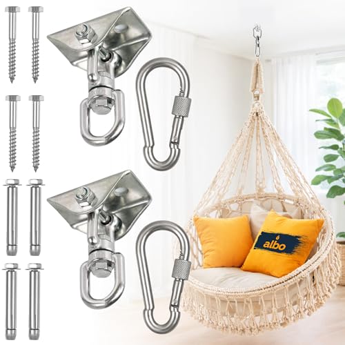 Albo Heavy Duty Swing Hangers 2 Pack, 2650 LBS, 360° Swivel Ceiling Mount Kit with Locking Carabiners – Indoor Outdoor Hardware for Hammock Chair, Porch Swing, TRX & Boxing Bag - color: Silver, size: 2 Pieces