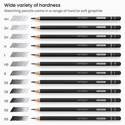 ARTEZA Drawing Sketch Pencils Set of 12, Graphite Pencils 6B to 4H, Pre-Sharpened Art Pencils in Metal Tin for Sketching, Shading, Drawing, Blending, and Detail Work