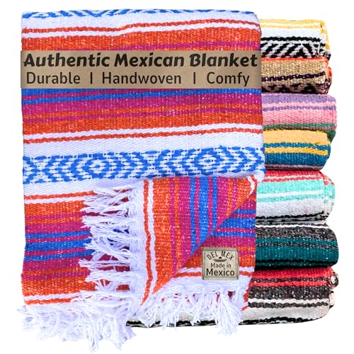 Del Mex Classic Mexican Blanket, Large Authentic Woven Falsa Throw (70"x50"), Artisan Southwest Décor for Beach, Yoga, Outdoors (Orange/Pink/Blue) - color: Orange/Pink/Blue
