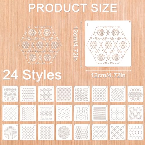 24Pcs Sashiko Stencil for Crafts, Reusable Embroidery Stencils Geometric Line Stencil Kit, Quilting Templates for Sewing Hand Quiltings Crafting Clothes
