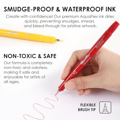 Grabie AquaFlex Sign Brush Pen Set of 12 – Flexible Brush Tip with Waterproof, Archival Ink for Calligraphy, Journaling, Drawing & Illustration – Vibrant, Quick-Drying, Non-Toxic & Smudge-Proof