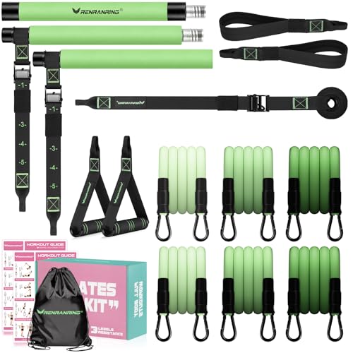 Pilates Bar Kit with 6 Latex Resistance Bands, Adjustable Exercise Bar - color: Green