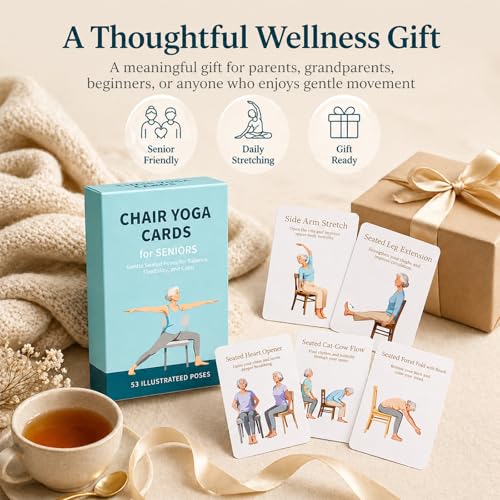Oversized Chair Yoga Cards for Seniors, 53 Seated Yoga & Stretch Poses, Large-Print Step-by-Step Exercise Deck with Storage Box, Low-Impact Mobility & Flexibility Workouts for Older Adults