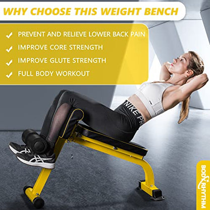 BODYRHYTHM Compact Adjustable Weight Bench for Full Body Strength Training, Ab/Back Hyper Roman Chair, Adjustable Ab Sit up Bench, Incline Decline Bench, Flat Bench, Hyperextension Bench, Back Extension Machine - color: Yellow