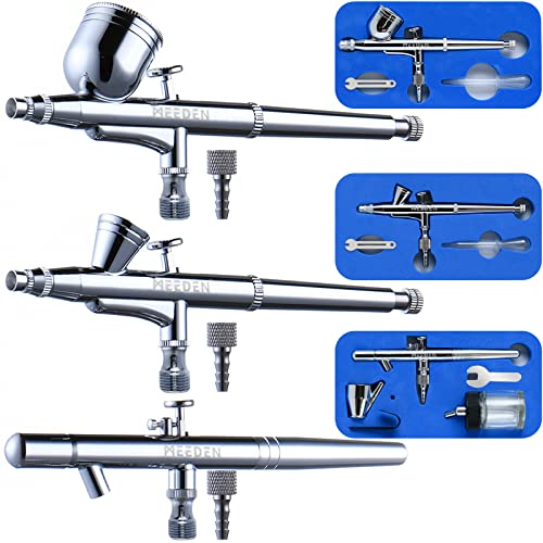 MEEDEN Airbrush Spray Gun Kit: 3 Pack with 0.25, 0.35 & 0.5mm Needles | Dual-action gravity-feed and siphon-feed airbrushes for models, nail art, makeup, cake decorating, and painting