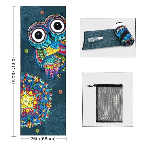 Yoga Mat Towel with Corner Pockets - Microfiber Yoga Towels for Hot Yoga Non Slip Moisture Wicking Sweat Absorbent, Owl Yoga Towel Easy for Travel, Use in Hot Yoga, Bikram, Pilates and Fitness - color: Mandala Owl, size: 70"x26"