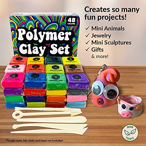 HIPPIE CRAFTER Polymer Clay Kit, 48 Colors Oven Bake Clay, 5 Sculpting Tool | Colored clay set, soft modeling compound for jewelry making, beads, earrings, pendants, molds & DIY crafts, kids & adults
