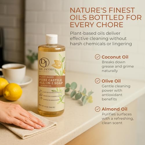 Dr. Jacobs Naturals Almond Castile All-in-One Cleaner and Soap - Plant-Based Formula for House Cleaning Floors and Appliances - Gentle on Skin and the Planet - 32 oz, 2 Pack - size: 32 Fl Oz (Pack of 2), style: Almond