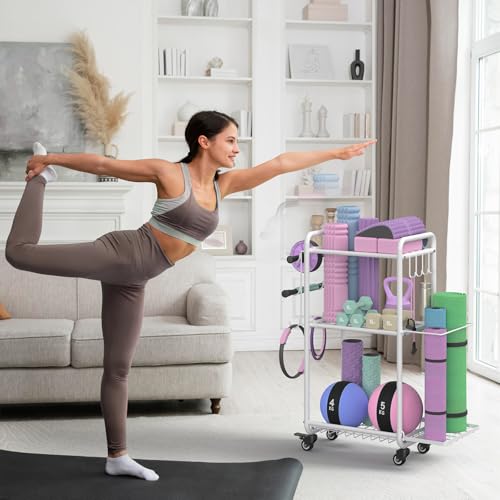Multi-Functional Home Gym Storage Rack with Wheels and Hooks - color: White