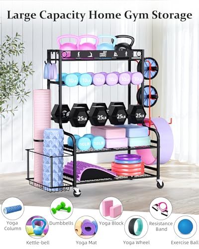 Mythinglogic Home Gym Storage Rack with Wheels for Dumbbells and Yoga Mats - color: New Black