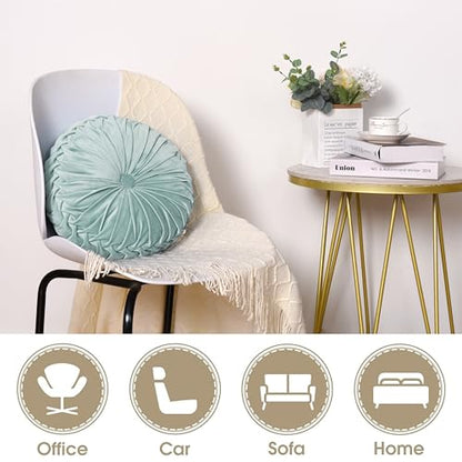 HIG Set of 2 Aqua Velvet Decorative Round Pleated Throw Pillows - color: Aqua