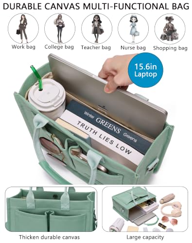 ZHMO Canvas Tote Bag for Women,Women's Bags Crossbody Bags Work Laptop Tote Bag Large Handbags Purse for Travel Nurse Teacher - color: Green With Compartments