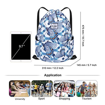 XEYOU Drawstring Backpack Bag Sport Gym Sackpack Beach Cinch Bag | Lightweight Swimming Bag, Water-Resistant Fabric, Travel Daypack for Women and Men - color: Blue Butterfly