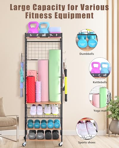 Mythinglogic Home Gym Storage Rack with Wheels for Dumbbells and Yoga Mats - color: Black+Brown