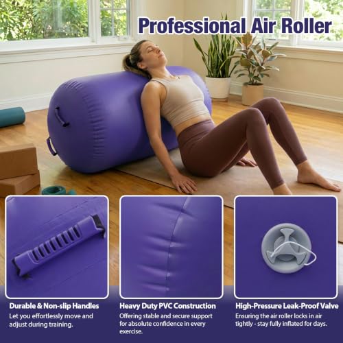 Gymnastics Air Roller Air Barrel Inflatable Tumbling Mat, Tumble Track Backhandspring Mat Gymnastic Equipment with Pump for Yoga Training Cheerleading Home Use - color: A Purple, size: 47.2 x 35.4inch