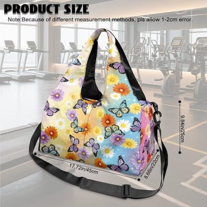 Yoga Gym Bag with Removable Adjustable Shoulder Strap, Shoe Compartment & Top Yoga Mat Holder 17.72x8.66x9.84in - color: Butterfly Daisy Gradient Print