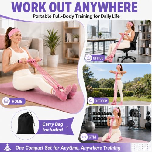 Pedal Resistance Band, Stitched Anti-Snap Elastic Pull Rope Fitness Equipment, 3-in-1 Home Workout Exercise Bands Set with Pilates Grip Socks & Headband - color: Pink, size: 95LB