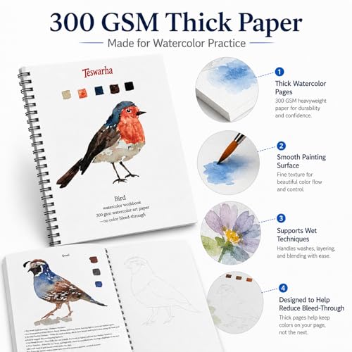 Teswarha Birds Watercolor Workbook With12 Sheets 300GSM Art Paper 16 Colors Watercolor Paint Set with 2 Watercolor Brushes Water Coloring Book Kit for Adults Teens 8.2 x 9.8in - color: Black