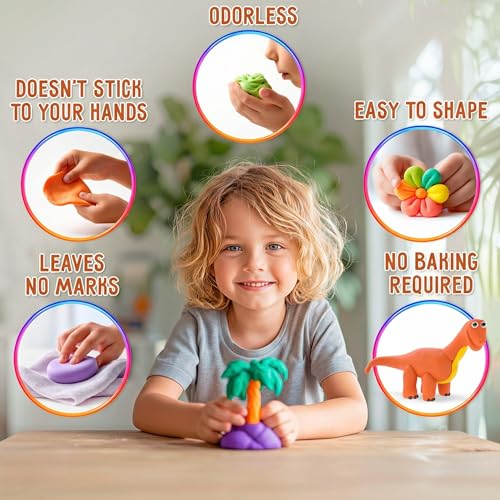 Air Dry Clay for Kids – Clay Dinosaur Kit with 20 Jars Tools Guide & Dino Park Play Board – DIY Arts and Crafts Modeling Kit for Kids Ages 4-8