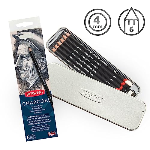 Derwent Charcoal Pencils, Metal Tin, 6 Count (0700838) - size: 6 Count (Pack of 1), style: Metal Tin