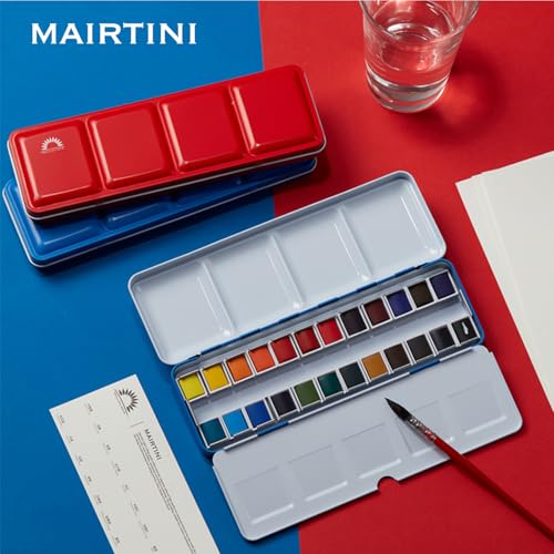 Mairtini Academy Grade Brilliant Series “Oriental Charm” Half-pan Solid Watercolor Paint 24 Colors Set with Red Iron Case