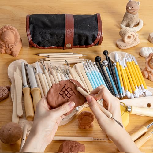 UUSYCUN 52PCS Pottery Tools for Sculpting, Ceramics Clay Tools for Pottery Kiln, Pottery Wheel, Trimming, Carving, Modeling, Beginners, Polymer Clay, Air Dry Clay, Pros, Adults, Crafting Supplies - color: Wood-52PCS