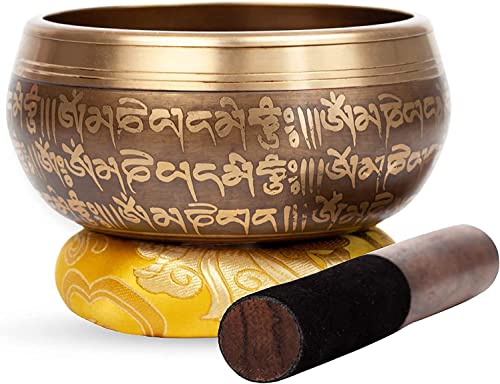 Large Tibetan Singing bowl Set - Bronze Style - Easy To Play - 5" Sound Yoga Bowl Mantra Design Mindfulness Meditation Healing Sound Gift By Himalayan Bazaar - color: Dorje - 5 Inch