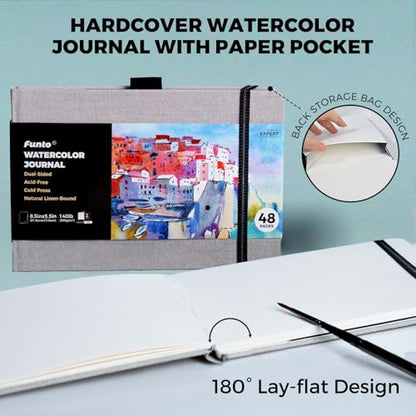 Funto Watercolor Journal, 8.5x5.5, 48 Pages, Cold-Pressed, Inner Paper Pocket and Elastic Band, Art Supplies for Mixed Media - color: 8.5x5.5-Gray