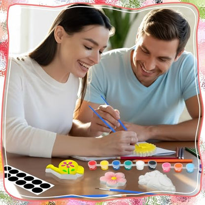 Simgoing 24 Sets Ceramic Painting Kit with Paints Brushes Magnets | Ready to Paint Ceramics Painting Crafts Arts Set with Soft Magnetic Strips for Kids DIY Assorted Shapes Like Flowers Animals - style: Spring