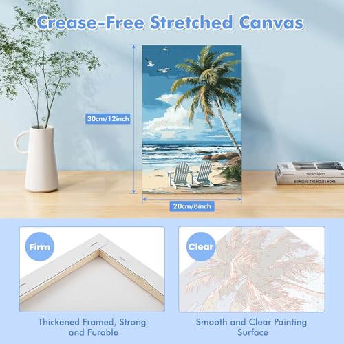 Bowetile Framed Paint by Numbers Landscape Kit for Adults, Adults' Paint-by-Number Kits on Canvas, Vacation Painting by Numbers Beach, Acrylic Number Painting Gifts for Home Wall Decor, 8x12in - color: Landscape, Beach, Vacation