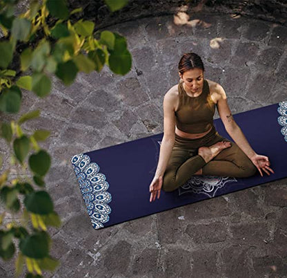 nuveti Printed Travel Yoga Mat 1/16 Inch Thick Non Slip Fitness Workout Mat | with Carrying Bag, Foldable Lightweight Suede & Natural Rubber Yoga Mat for Yoga Pilates and Fitness 72" L x 24" W x 1.5mm - color: DarkBlue