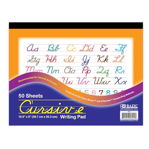 BAZIC Cursive Writing Pad, 10.5 x 8 Inch | 50-sheet cursive writing pad, Solid baselines and a dashed center guideline for handwriting