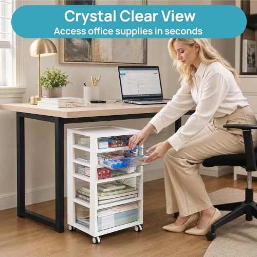 Vtopmart 5-Tier Plastic Drawer Storage Rolling Cart with Wheels | Clear Drawers with Multiple Sizes Keep Supplies visible. Sturdy for Under Desk, Office, Makeup , Crafts & Art Storage - style: 5 Tier 5 Drawers