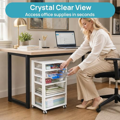 Vtopmart 5-Tier Plastic Drawer Storage Rolling Cart with Wheels | Clear Drawers with Multiple Sizes Keep Supplies visible. Sturdy for Under Desk, Office, Makeup , Crafts & Art Storage - style: 5 Tier 5 Drawers