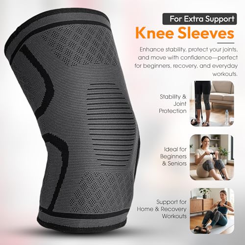 Pedal Resistance Band with Handles for Men Women & Seniors + Knee Sleeves | 3-tube adjustable 25-75lb resistance band, heavy duty built to last, door anchor included, portable set for home and outdoors