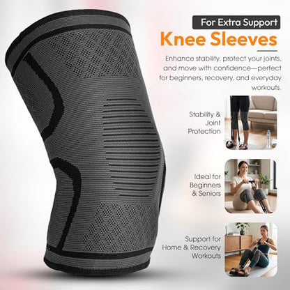 Pedal Resistance Band with Handles for Men Women & Seniors + Knee Sleeves | 3-tube adjustable 25-75lb resistance band, heavy duty built to last, door anchor included, portable set for home and outdoors