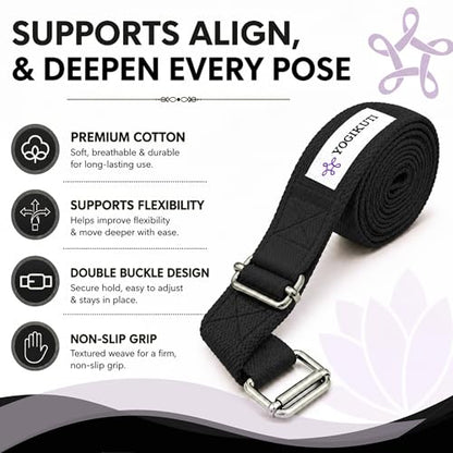 Yogikuti Double Buckle Yoga Strap - Adjustable Stretching Strap for Enhanced Flexibility in Yoga, Pilates, and Physical Therapy, Available in Various Colors and Lengths for All Fitness Levels - color: Black