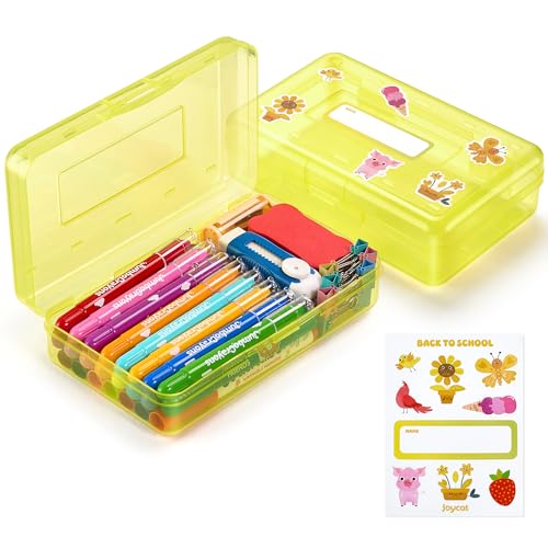 GAMENOTE Plastic Pencil Box with Personalized Sticker,Kid Hard Pencil Case with Snap-tight Lid,Small Art Craft Storage Containers,School Supplies Box for Boys,Girls (Yellow) - color: Yellow