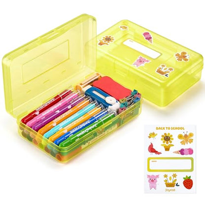 GAMENOTE Plastic Pencil Box with Personalized Sticker,Kid Hard Pencil Case with Snap-tight Lid,Small Art Craft Storage Containers,School Supplies Box for Boys,Girls (Yellow) - color: Yellow