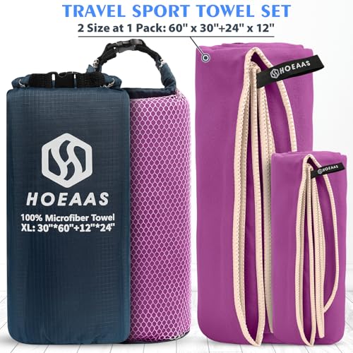 HOEAAS 2 Pack Microfiber Camping Towels, Quick Dry Towel, Super Absorbent Ultra Compact Travel Towel Soft Lightweight Sports Towel for Sweat Fast Drying Towels for Pool,Gym,Hiking,Backpacking,Fitness - color: Purple, size: XL: 60" x 30"+24" x 12"
