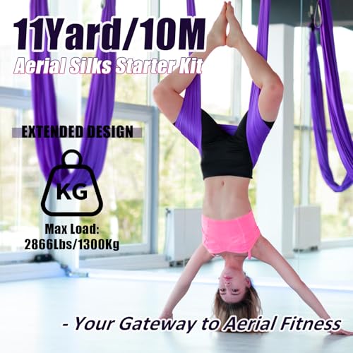 Aerial Silks Kit & Aerial Yoga Hammock - 11Yd Premium Fabric with Hardware | Easy Setup for Flying Yoga, Aerial Swing & Fitness - Supports Up to 14ft Rigging(Navy) - color: Dark Purple