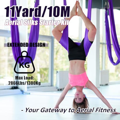 Aerial Silks Kit & Aerial Yoga Hammock - 11Yd Premium Fabric with Hardware | Easy Setup for Flying Yoga, Aerial Swing & Fitness - Supports Up to 14ft Rigging(Navy) - color: Dark Purple