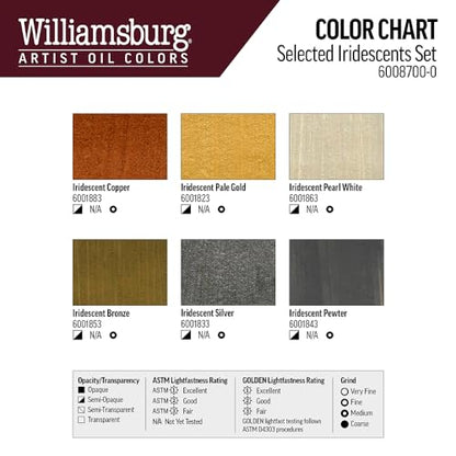 Williamsburg Artist Oil Colors, Iridescent Set, 8 Colors | Six artist grade oil paints in 37 ml tubes.
