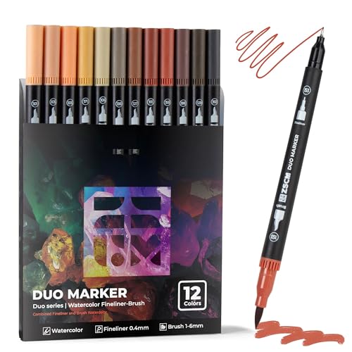 ZSCM QUALITY DECIDES THE FUTURE Skin Tone Duo Tip Marker Pens, 12 Fine & Brush Tip Pen For Adult Coloring Books - color: 12 Skin