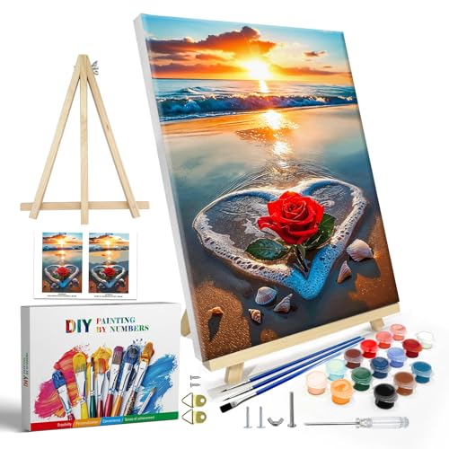 JOOZ Paint by Numbers Kit for Adults with Frame, Beach Sunset Paint by Number with Easel, DIY Beach Rose Oil Painting by Number, Easy Adult Paint by Number Kits on Canvas for Wall Decor 8 x 12 Inch - color: Beach Sunset 244