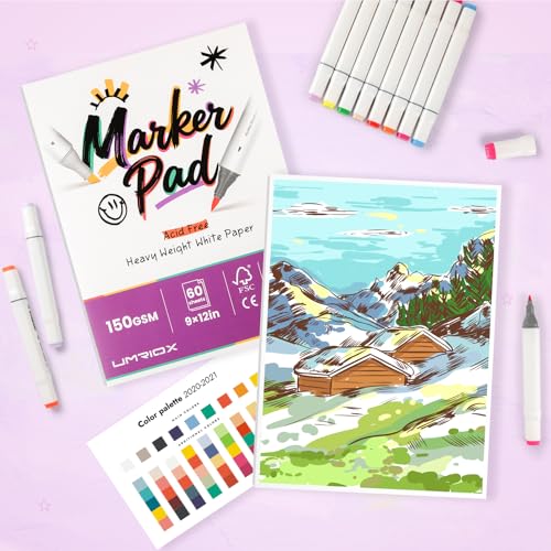 Umriox 60 Sheets 150 GSM Double Sided Marker Paper Pad, 9x12 Bleedproof | 120 Usable Pages, 150 GSM Paper for Alcohol Markers, Easy-Tear Tape Bound, Lay-Flat Blending with No Bleed-Through - size: 60 Sheets/120 Pages