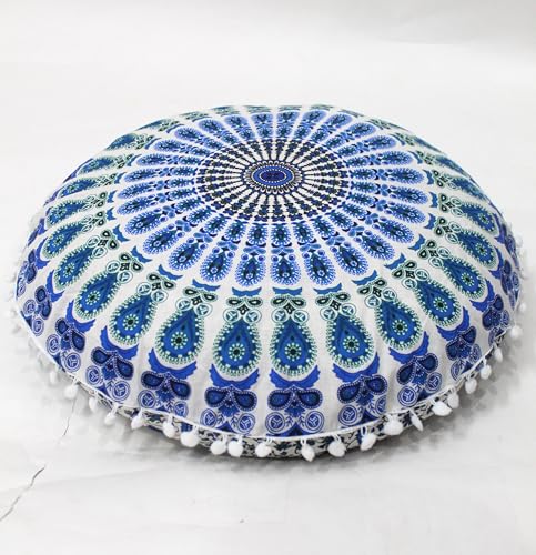 INDIAN CRAFT CASTLE ICC 32 Inch Large Round seat Floor Cushion Cover Chair Ottoman Pouf Pillow Cover Meditation Floor Cushion Covers Seating pouffe Throw Covers Sky Blue - color: Sky Blue