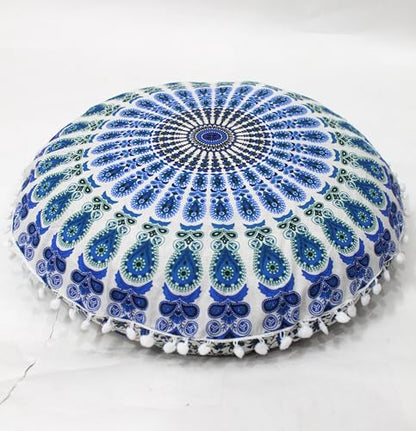 INDIAN CRAFT CASTLE ICC 32 Inch Large Round seat Floor Cushion Cover Chair Ottoman Pouf Pillow Cover Meditation Floor Cushion Covers Seating pouffe Throw Covers Sky Blue - color: Sky Blue
